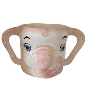 Vintage Holland Mold Elephant Mug Double Handle Pink Mug Speckle Glaze